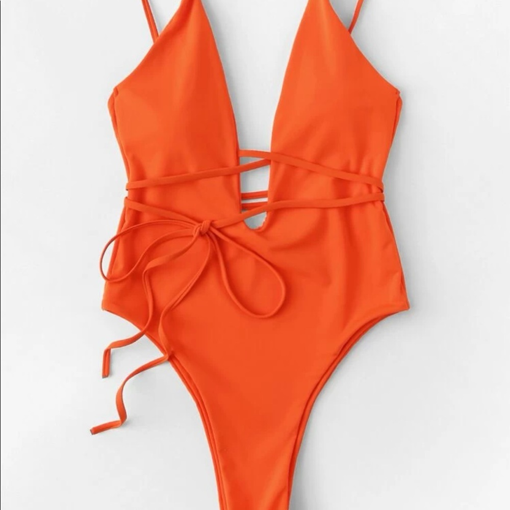 Low Back, Plunging Belted One Piece Swimsuit